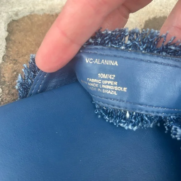 Vince Camuto Alanina Blue Denim Frayed Fringe Square Toe Flat Slides Mules 10 - Picture 8 of 8